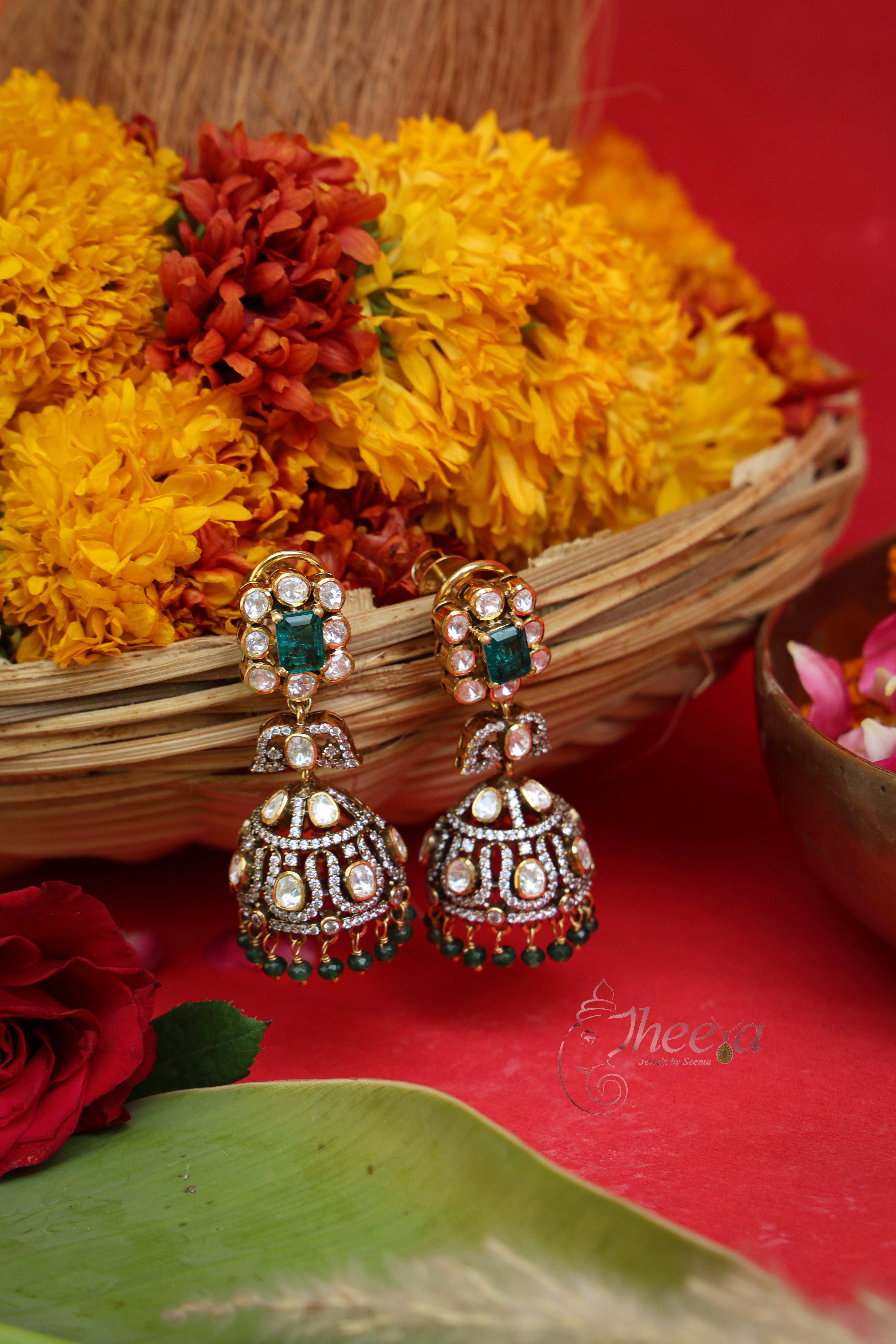 Zeenat Chand Green Square Jhumka in Pure Silver with green accents, front view.